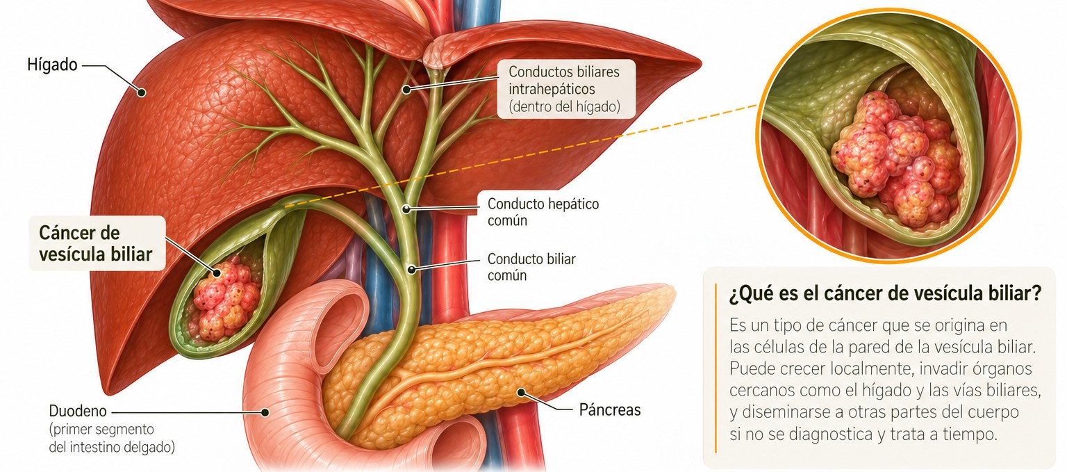 Infografía: ¿qué es el cáncer de vesícula biliar? Hígado, vesícula con tumor, conductos biliares, páncreas y duodeno